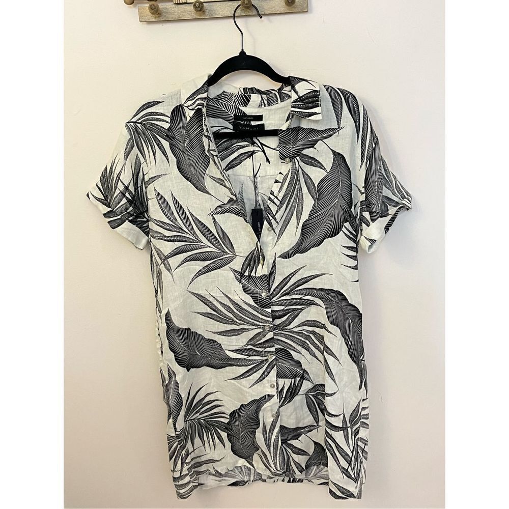 Tahari Linen Palm Leaf Print Shirt Dress Small NEW